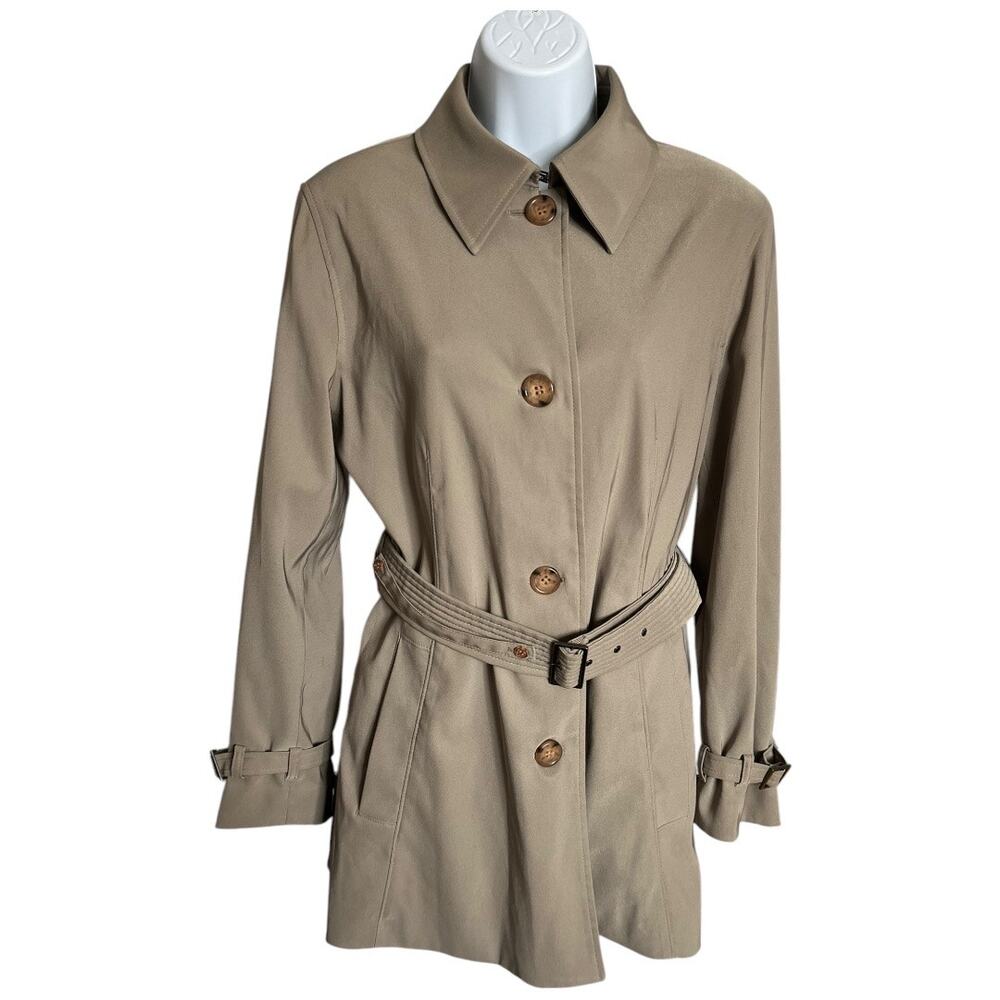 Jones New York taupe army green color belted short trench rain coat medium NWOT